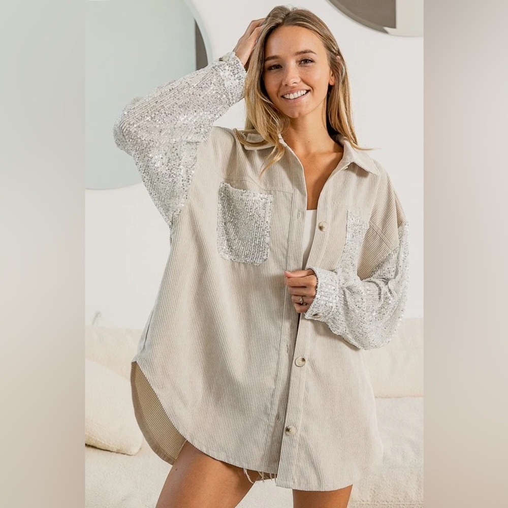 BiBi Corduroy Sequin Sleeve Button Down Shirt – Size Small